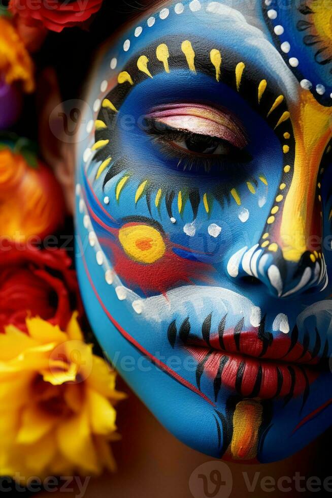 woman in vibrant calavera makeup celebrates the Day of Dead AI Generative photo