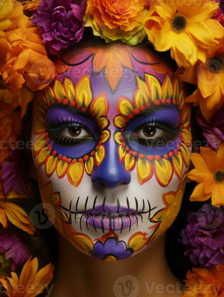 mujer en vibrante Calavera maquillaje celebra el día de muerto ai generativo foto