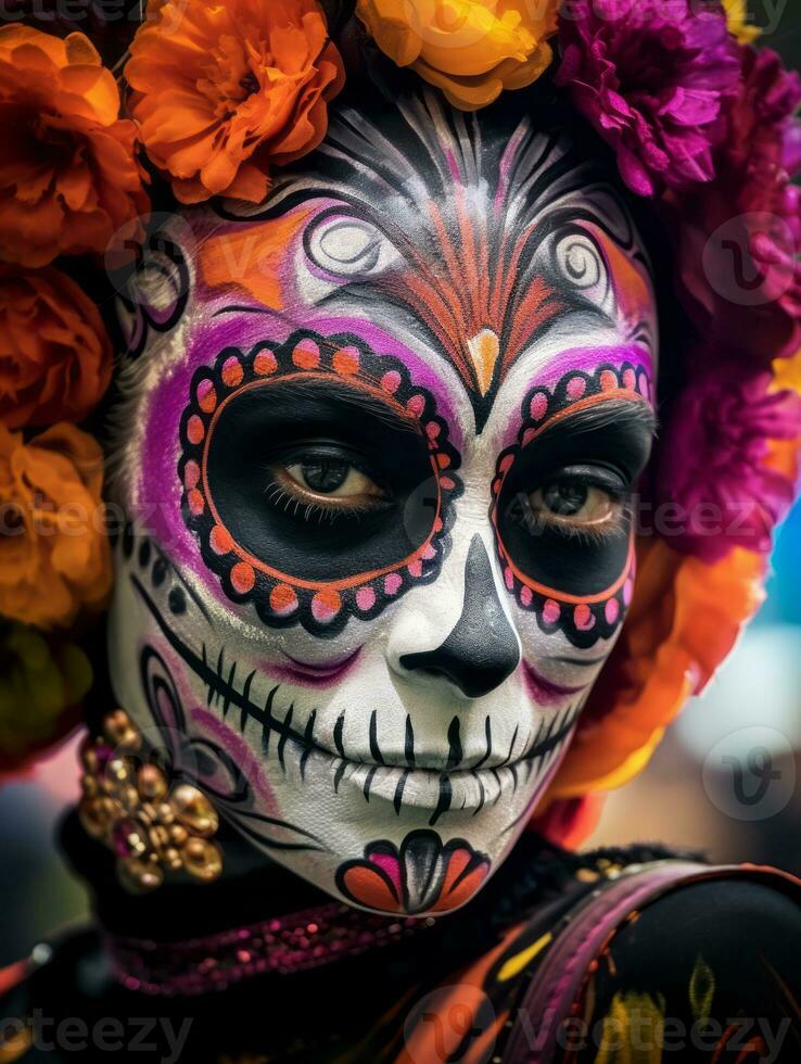 mujer en vibrante Calavera maquillaje celebra el día de muerto ai generativo foto