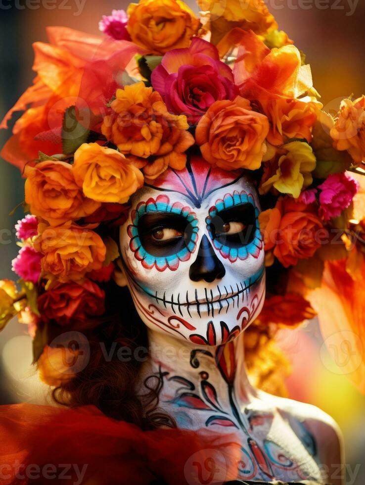 mujer en vibrante Calavera maquillaje celebra el día de muerto ai generativo foto