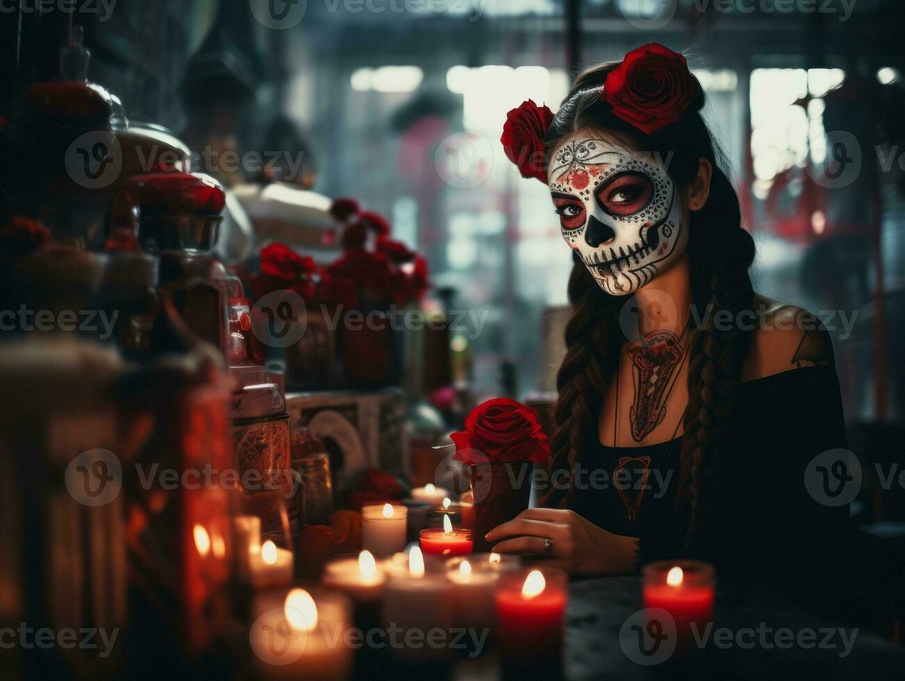 mujer en vibrante Calavera maquillaje celebra el día de muerto ai generativo foto