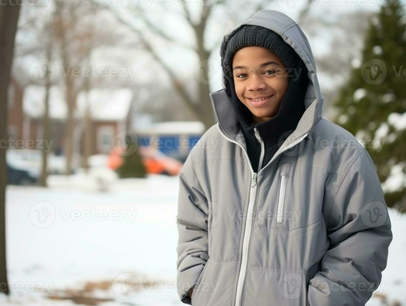 african american kid enjoys the winter snowy day in playful emontional dynamic pose AI Generative photo