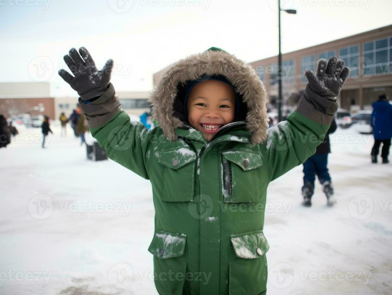 african american kid enjoys the winter snowy day in playful emontional dynamic pose AI Generative photo