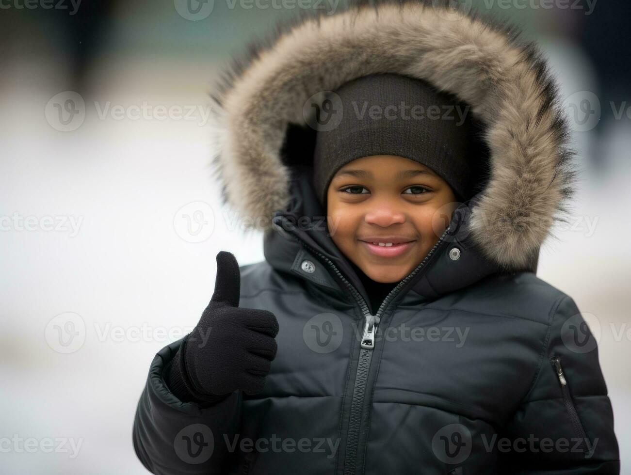 african american kid enjoys the winter snowy day in playful emontional dynamic pose AI Generative photo