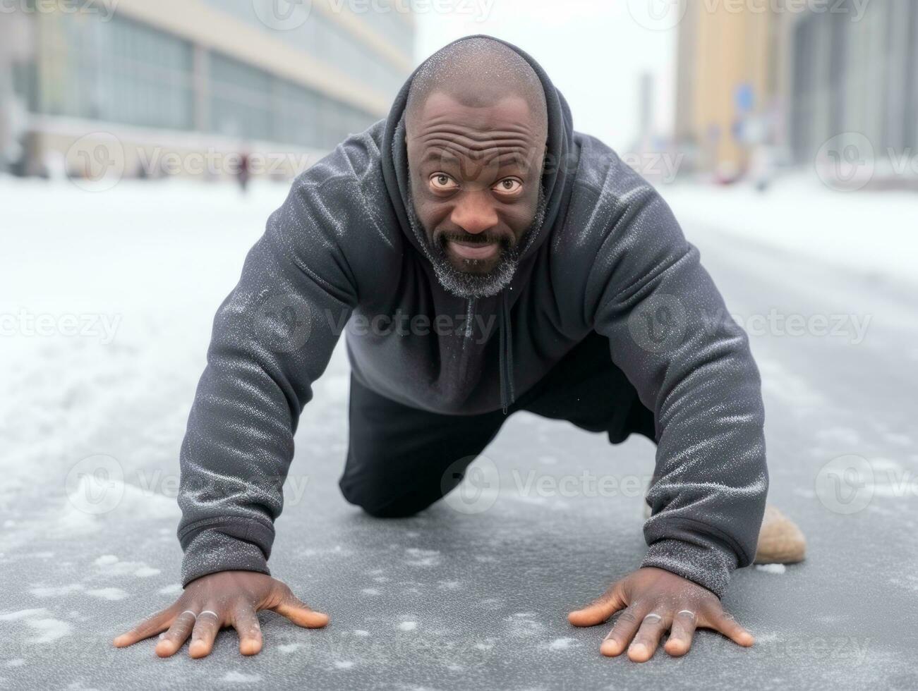 africano americano hombre disfruta el invierno Nevado día en juguetón emocional dinámica actitud ai generativo foto