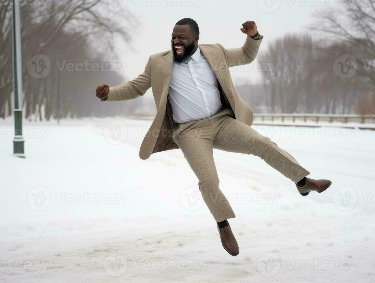 africano americano hombre disfruta el invierno Nevado día en juguetón emocional dinámica actitud ai generativo foto