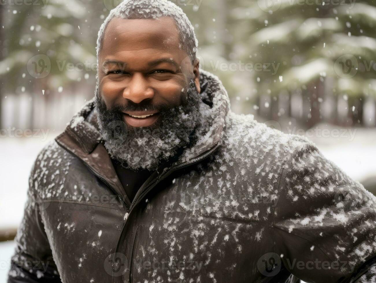 african american man enjoys the winter snowy day in playful emontional dynamic pose AI Generative photo