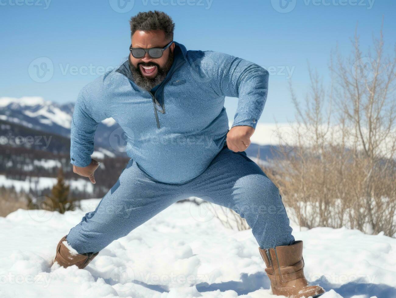 africano americano hombre disfruta el invierno Nevado día en juguetón emocional dinámica actitud ai generativo foto