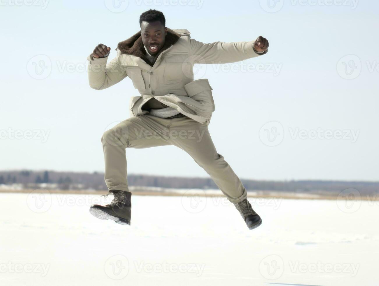 african american man enjoys the winter snowy day in playful emontional dynamic pose AI Generative photo