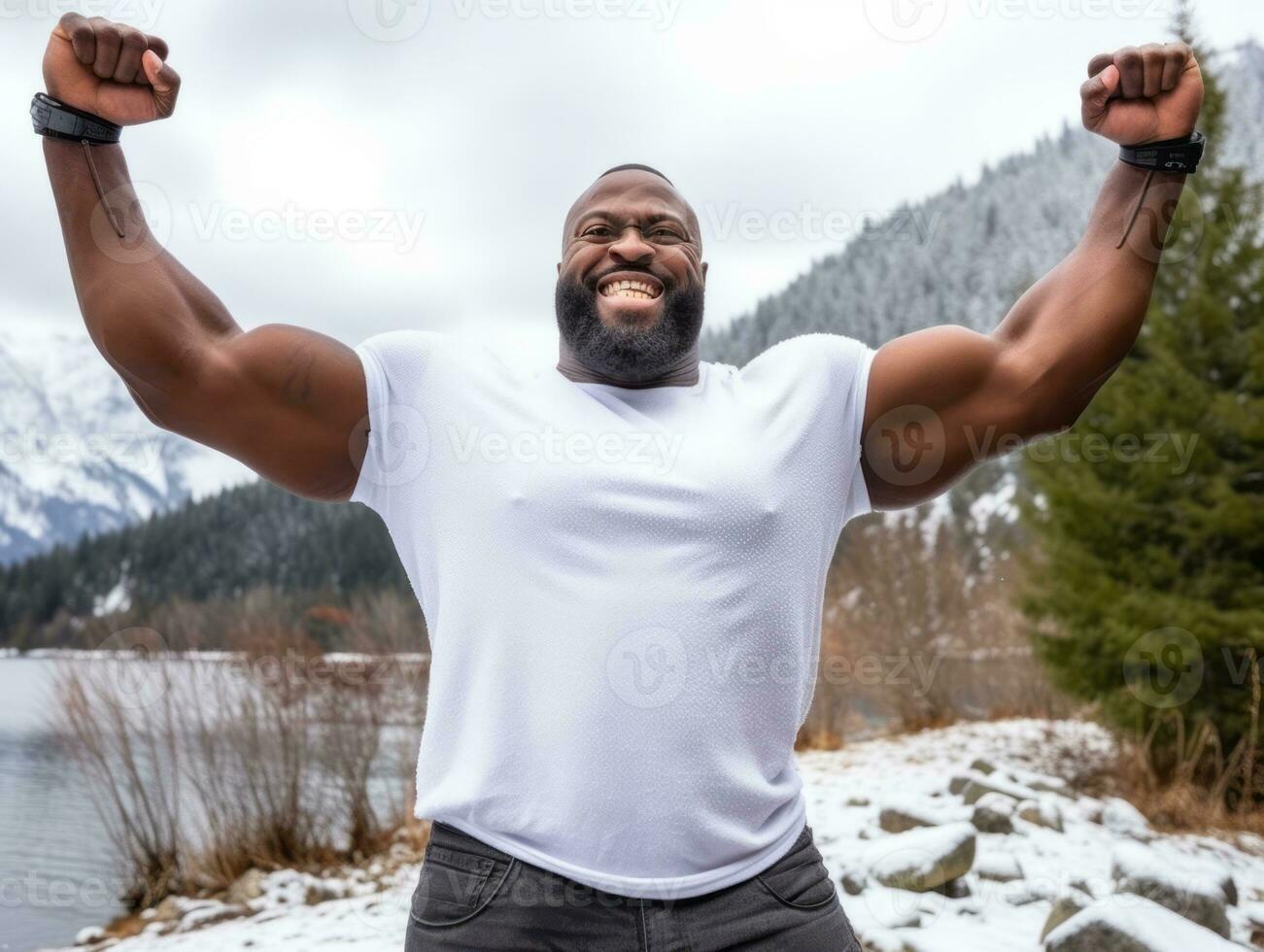 african american man enjoys the winter snowy day in playful emontional dynamic pose AI Generative photo