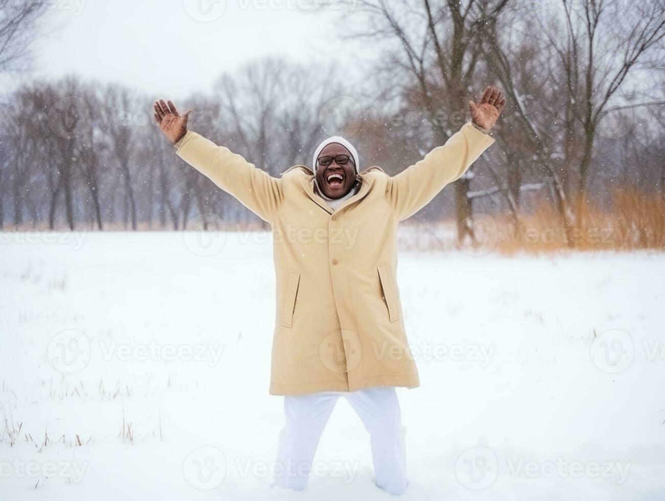 african american man enjoys the winter snowy day in playful emontional dynamic pose AI Generative photo