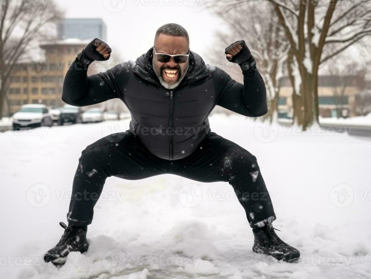 africano americano hombre disfruta el invierno Nevado día en juguetón emocional dinámica actitud ai generativo foto