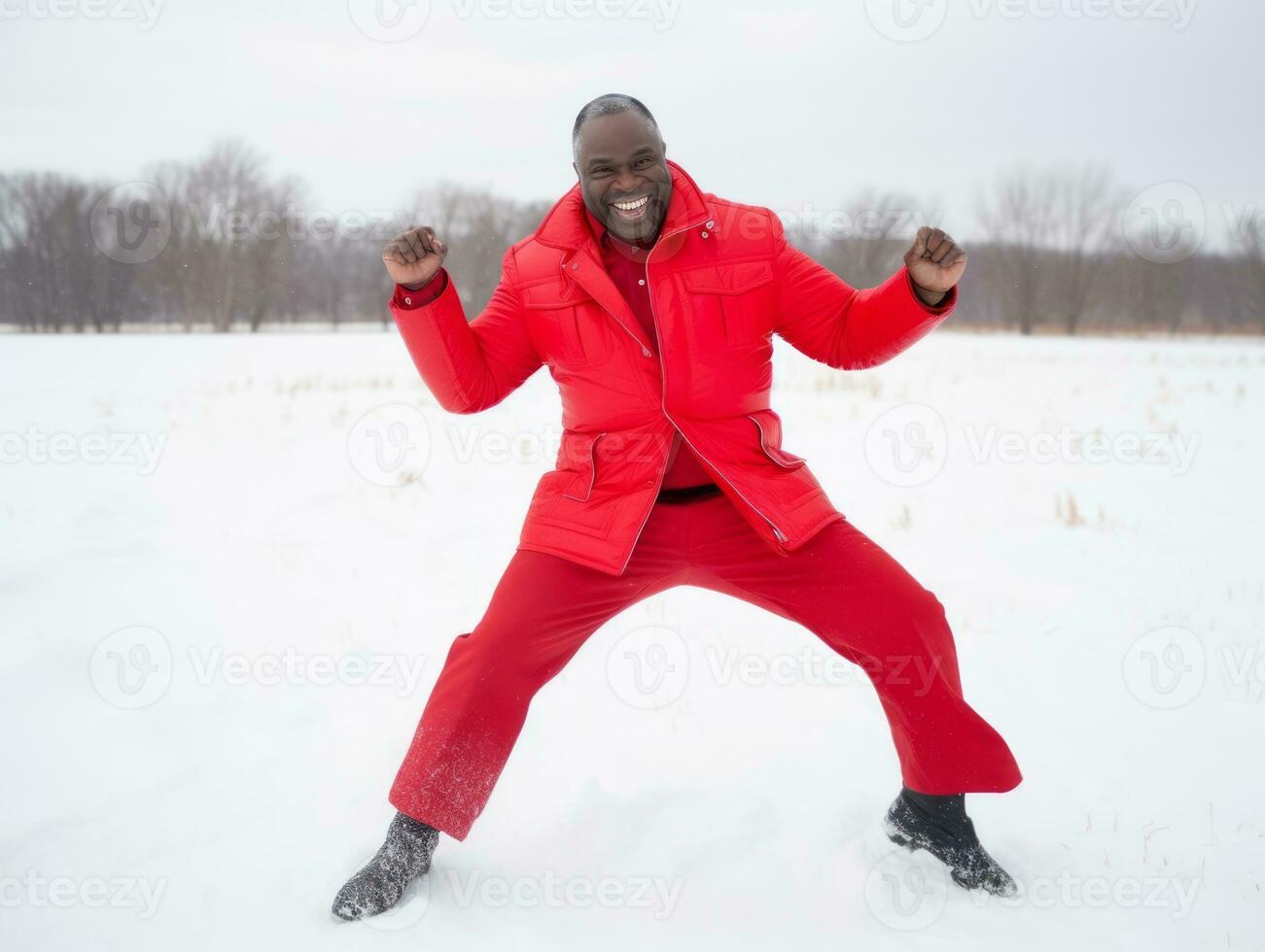 african american man enjoys the winter snowy day in playful emontional dynamic pose AI Generative photo