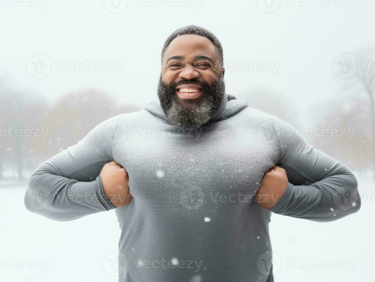 african american man enjoys the winter snowy day in playful emontional dynamic pose AI Generative photo