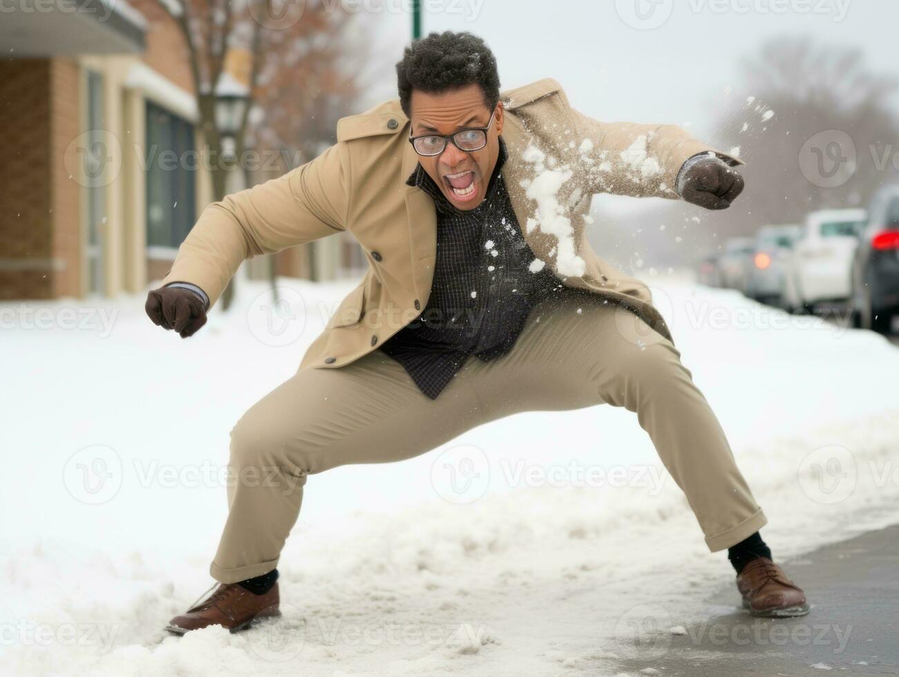 africano americano hombre disfruta el invierno Nevado día en juguetón emocional dinámica actitud ai generativo foto