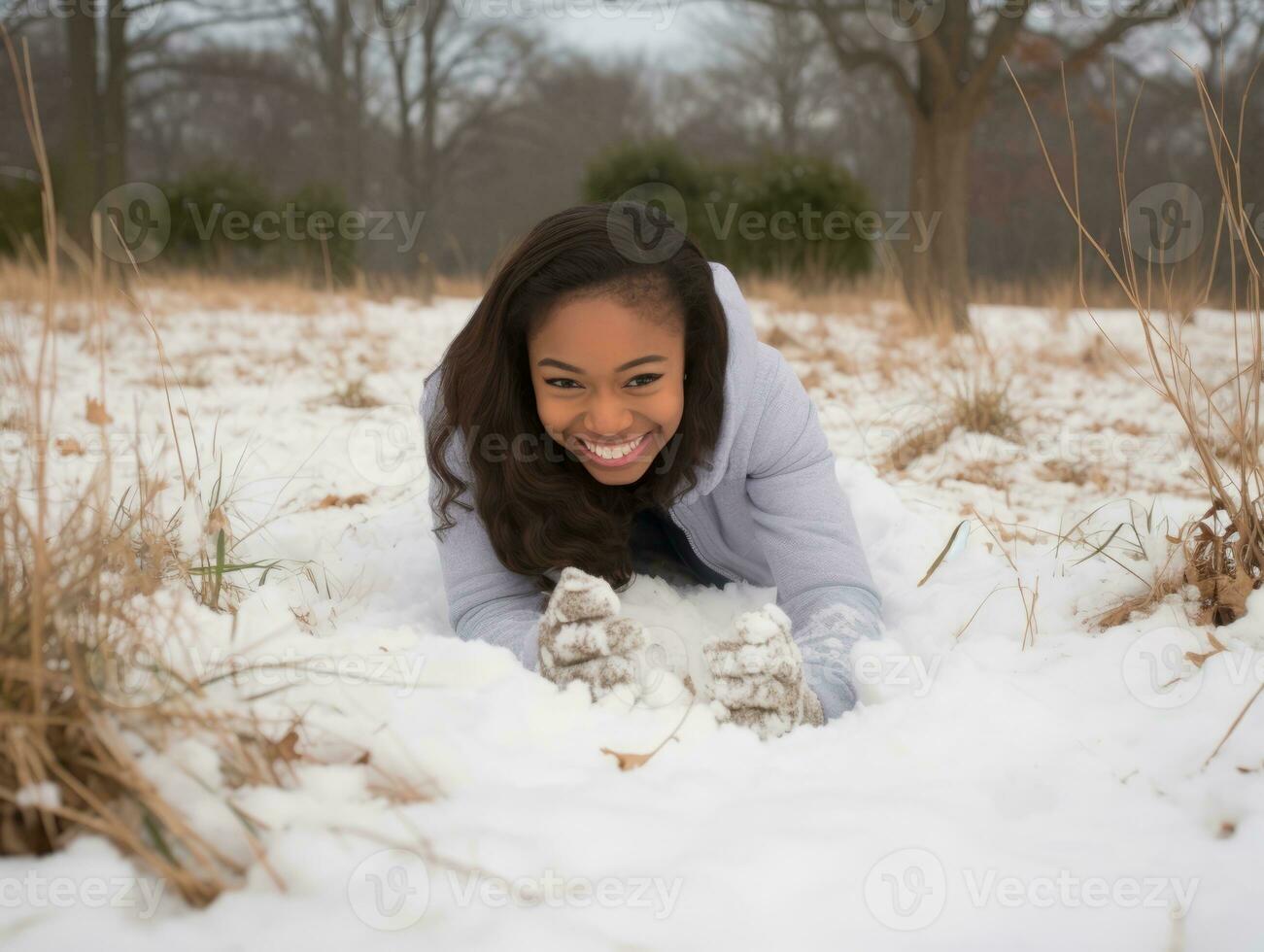 africano americano mujer disfruta el invierno Nevado día en juguetón emocional dinámica actitud ai generativo foto