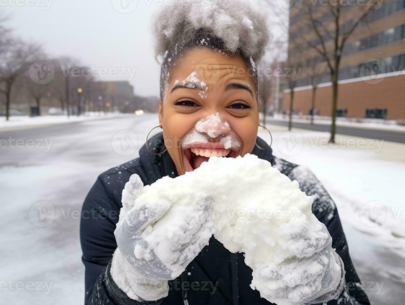 africano americano mujer disfruta el invierno Nevado día en juguetón emocional dinámica actitud ai generativo foto