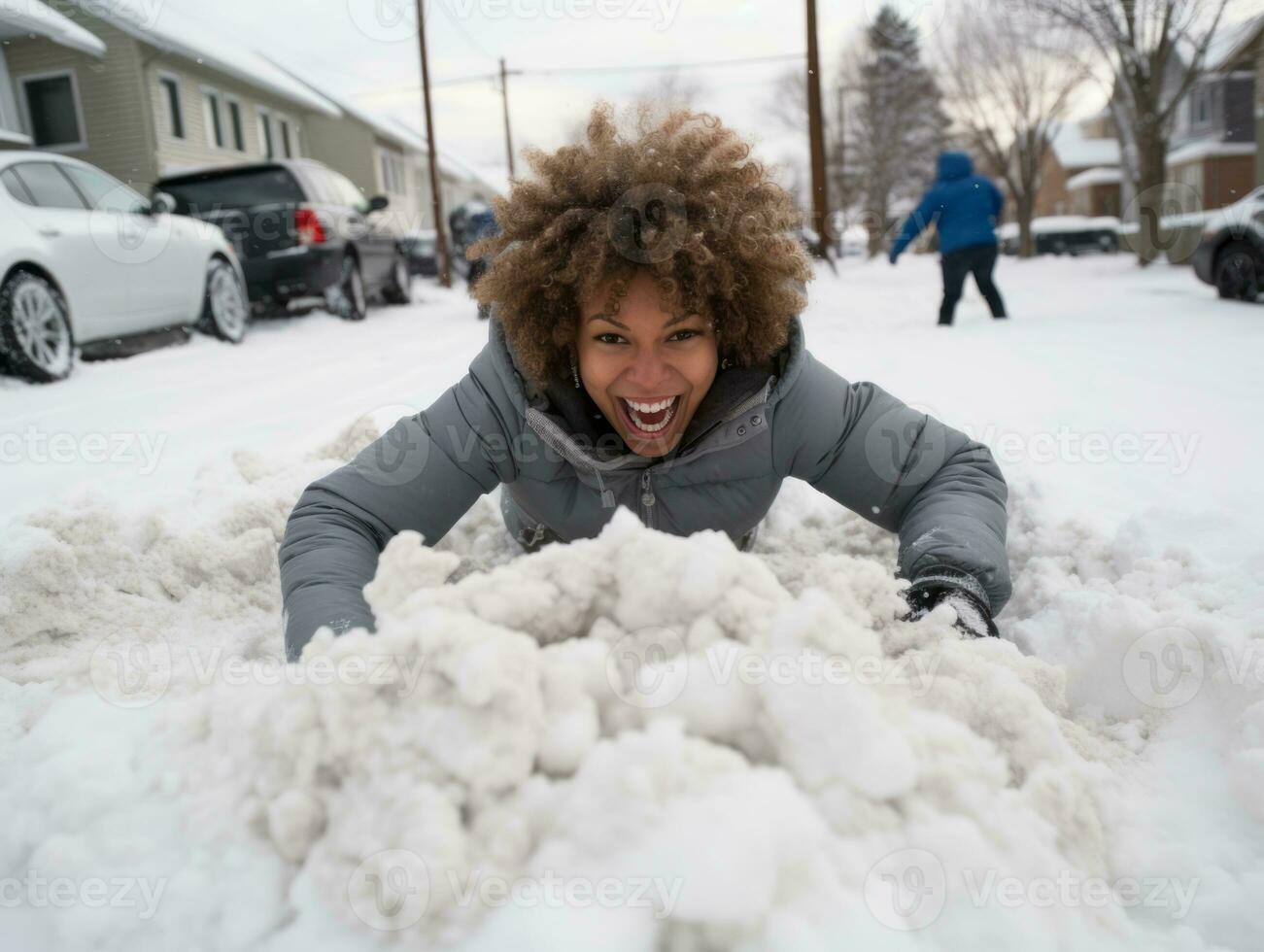 africano americano mujer disfruta el invierno Nevado día en juguetón emocional dinámica actitud ai generativo foto