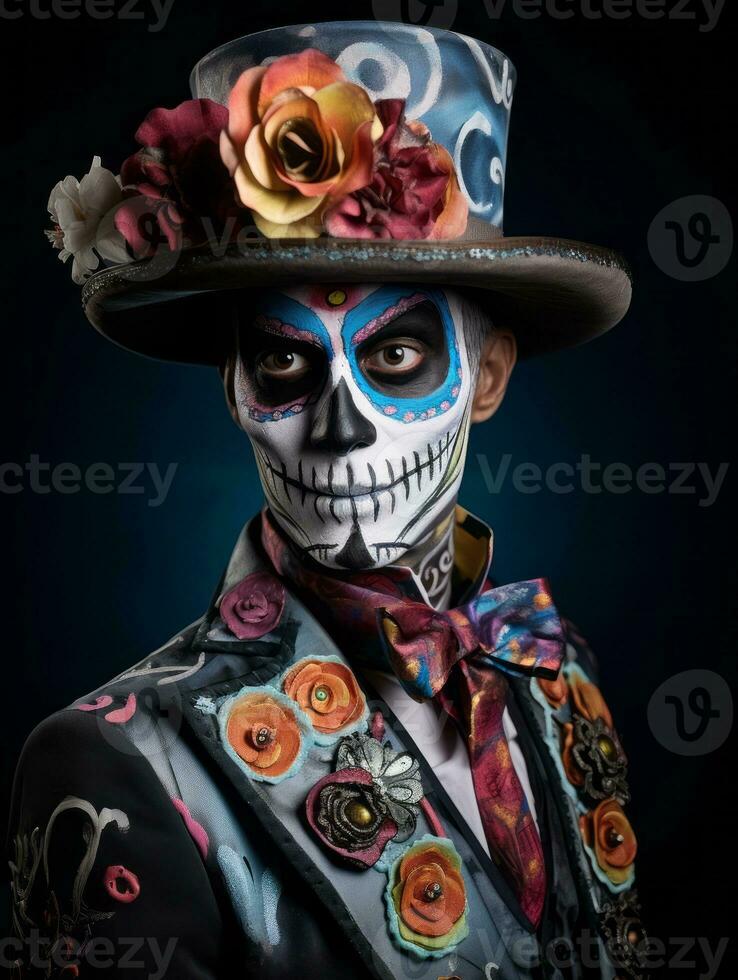 man in Day of the Dead makeup with playful pose AI Generative photo