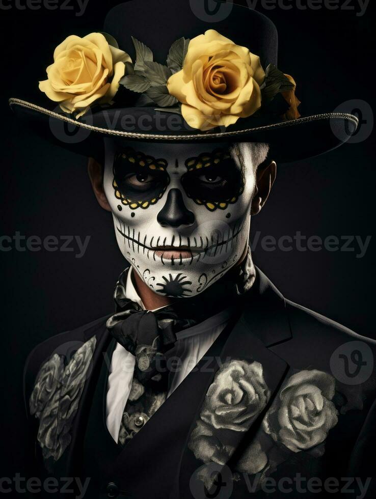 man in Day of the Dead makeup with playful pose AI Generative photo