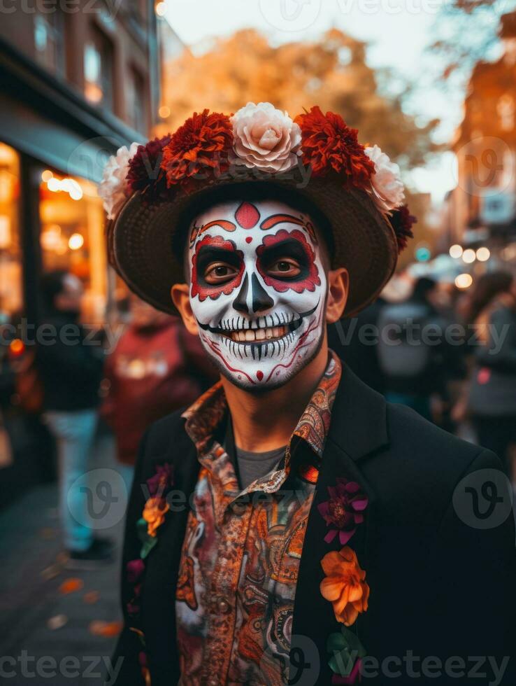 hombre en día de el muerto maquillaje con juguetón actitud ai generativo foto