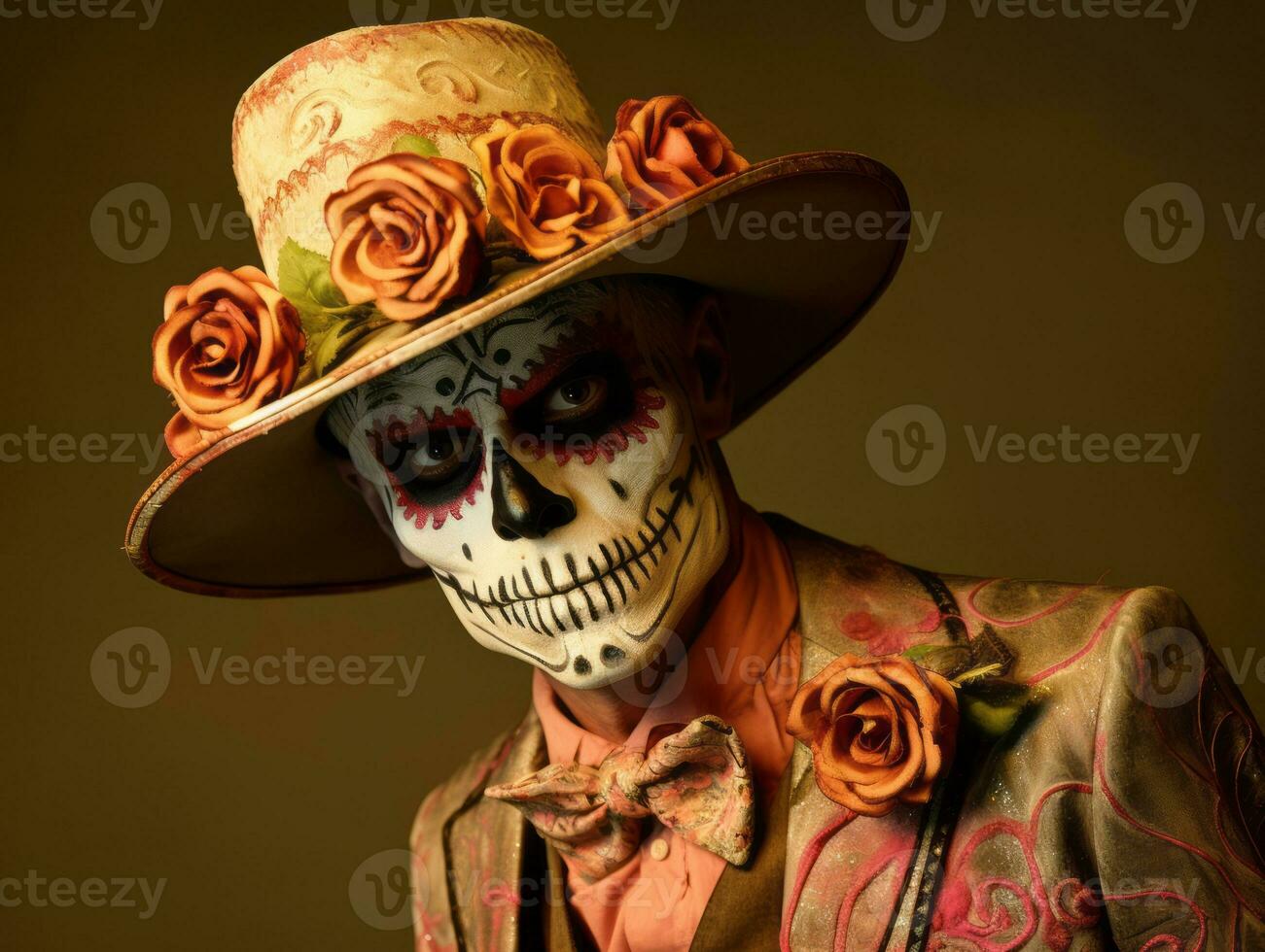 man in Day of the Dead makeup with playful pose AI Generative photo