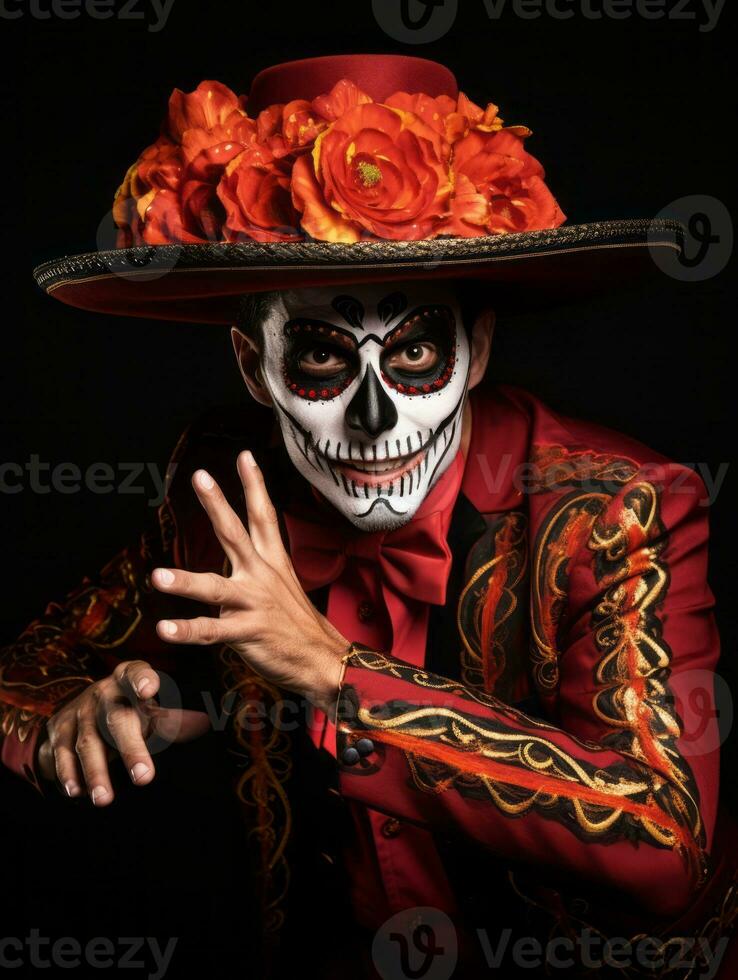 man in Day of the Dead makeup with playful pose AI Generative photo