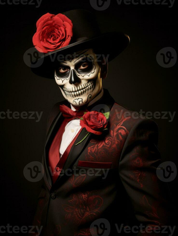 man in Day of the Dead makeup with playful pose AI Generative photo