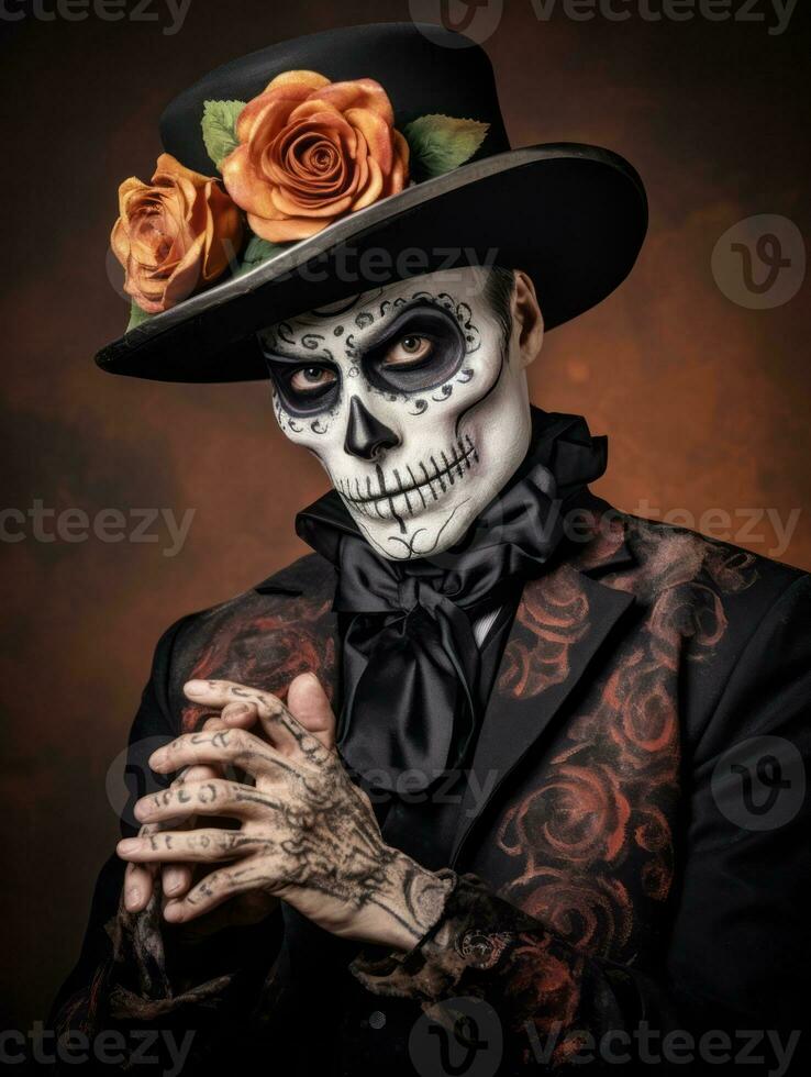 man in Day of the Dead makeup with playful pose AI Generative photo