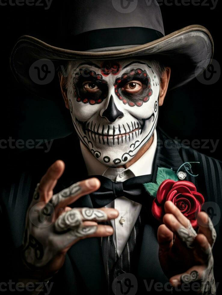 man in Day of the Dead makeup with playful pose AI Generative photo