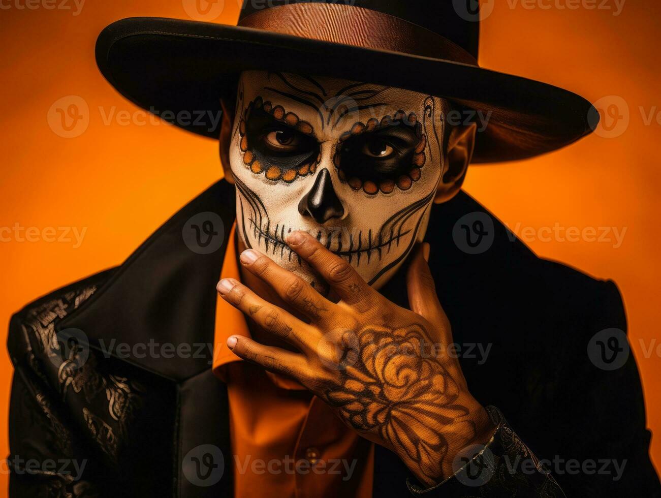 man in Day of the Dead makeup with playful pose AI Generative photo