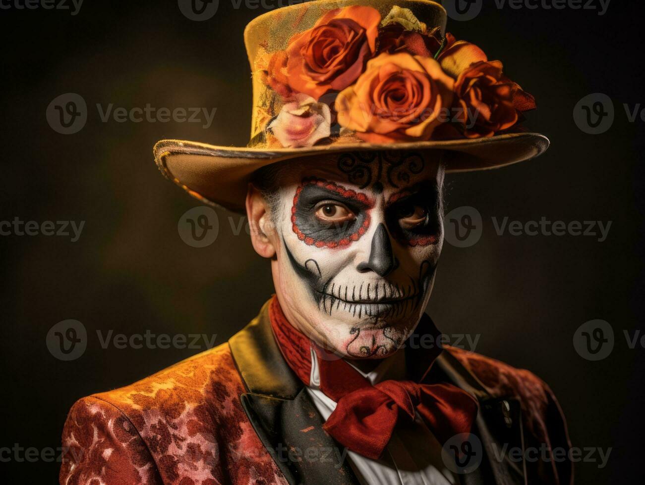 man in Day of the Dead makeup with playful pose AI Generative photo