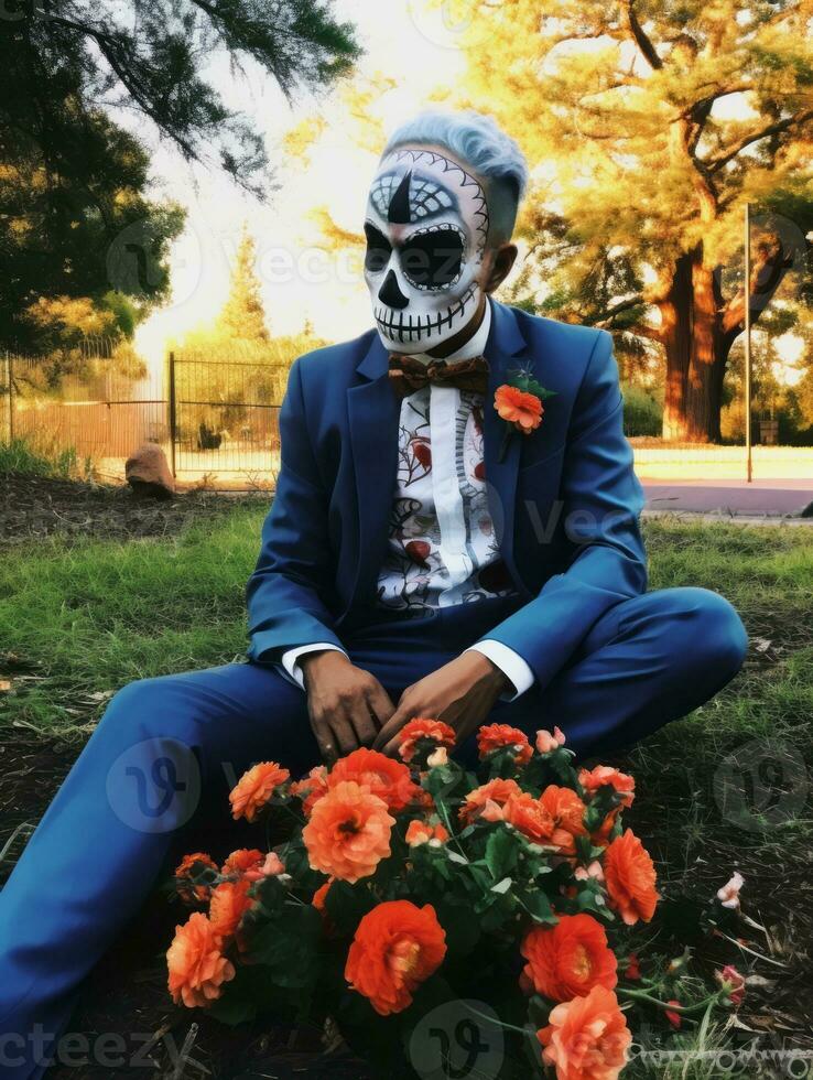 man in Day of the Dead makeup with playful pose AI Generative photo