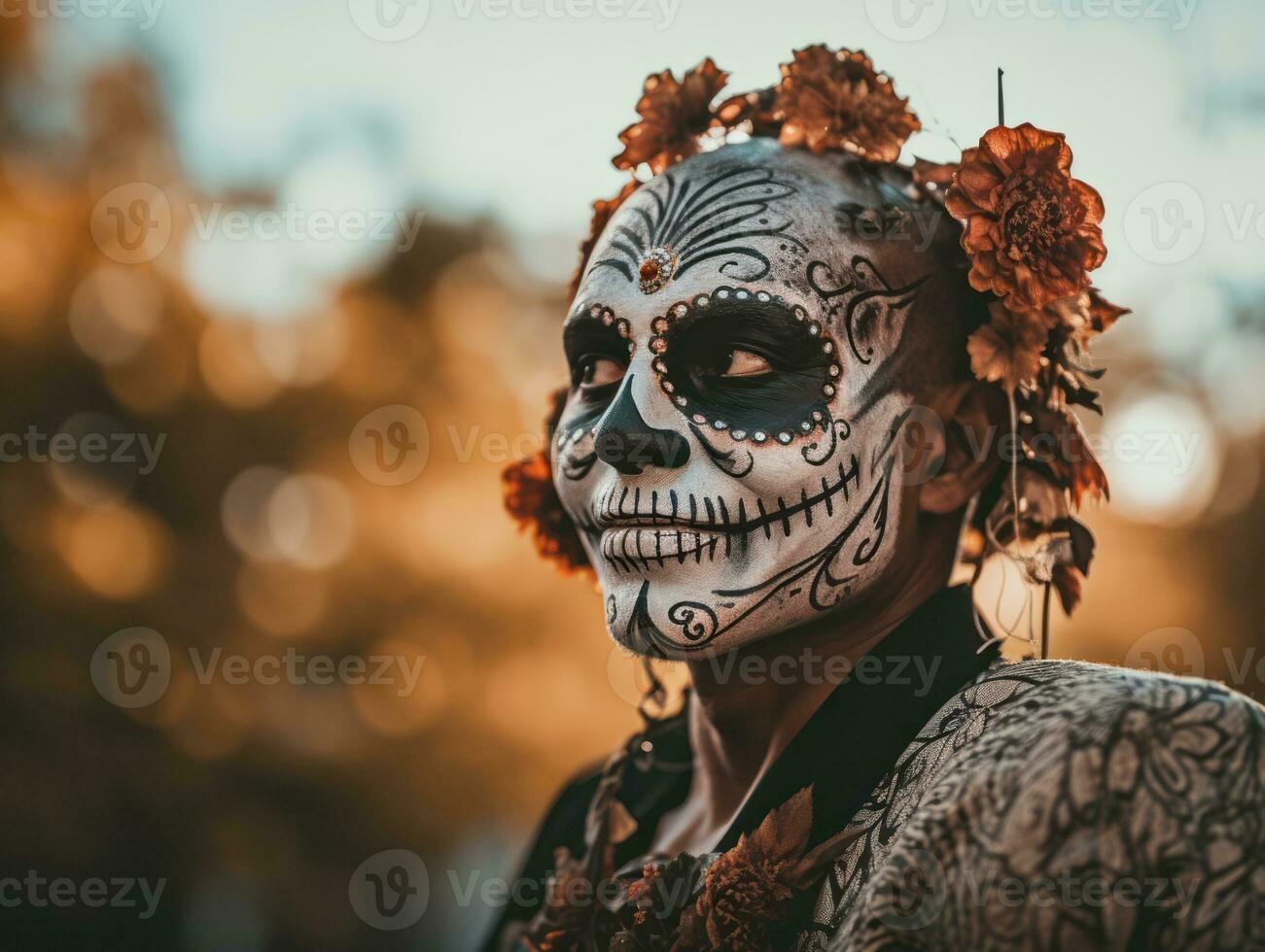 man in Day of the Dead makeup with playful pose AI Generative photo