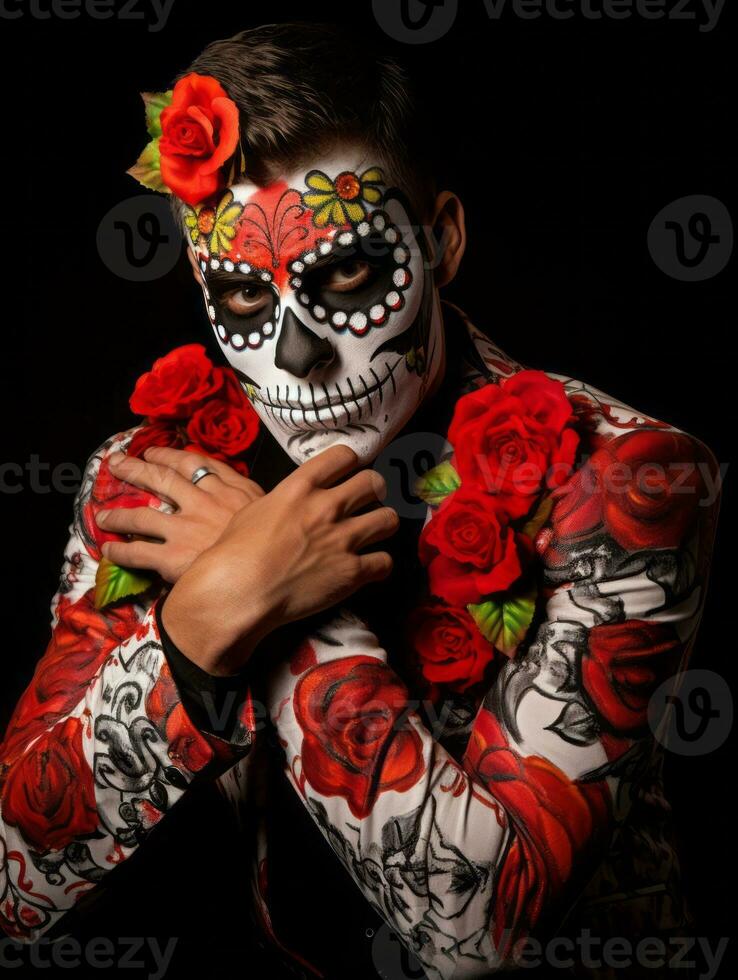 man in Day of the Dead makeup with playful pose AI Generative photo