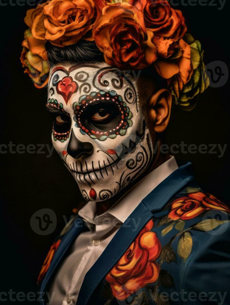 man in Day of the Dead makeup with playful pose AI Generative photo