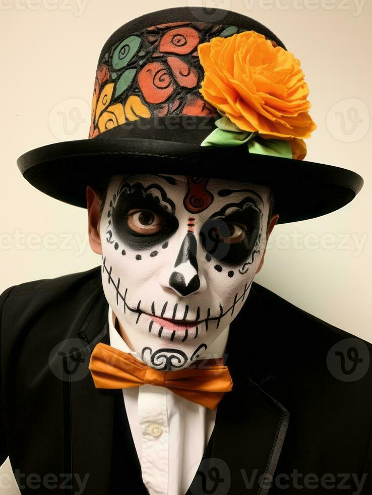 man in Day of the Dead makeup with playful pose AI Generative photo