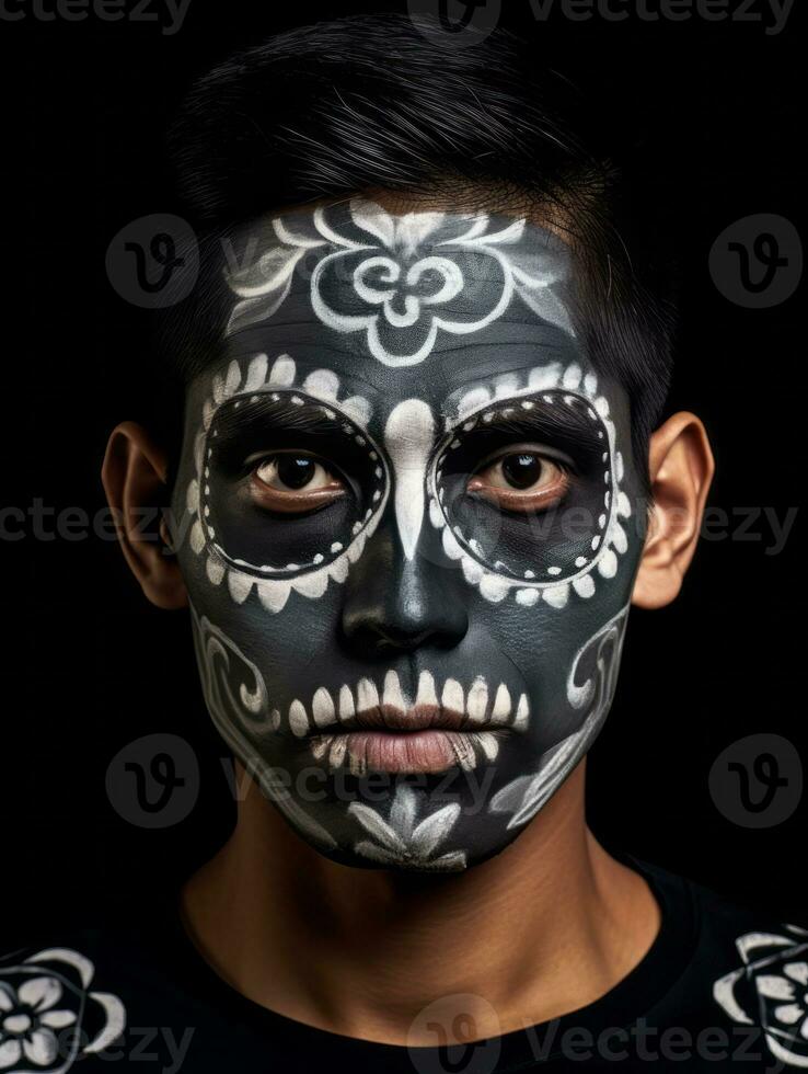 man in Day of the Dead makeup with playful pose AI Generative photo