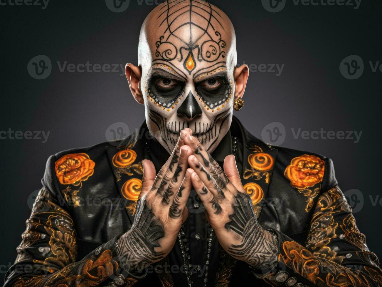 man in Day of the Dead makeup with playful pose AI Generative photo