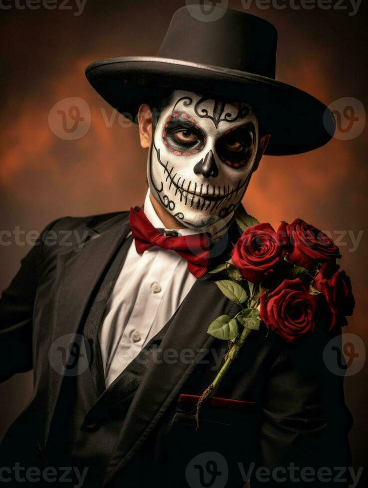 man in Day of the Dead makeup with playful pose AI Generative photo