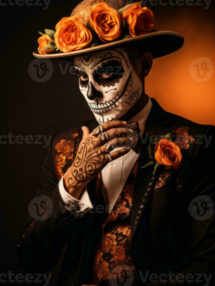 hombre en día de el muerto maquillaje con juguetón actitud ai generativo foto