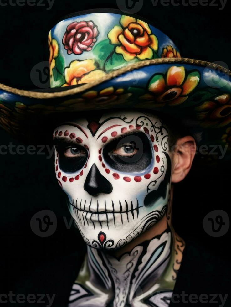 man in Day of the Dead makeup with playful pose AI Generative photo