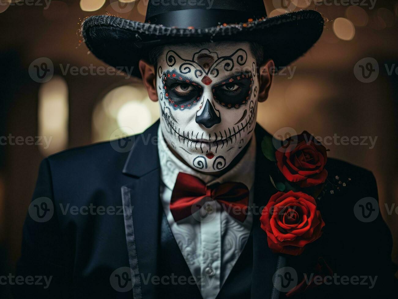 man in Day of the Dead makeup with playful pose AI Generative photo