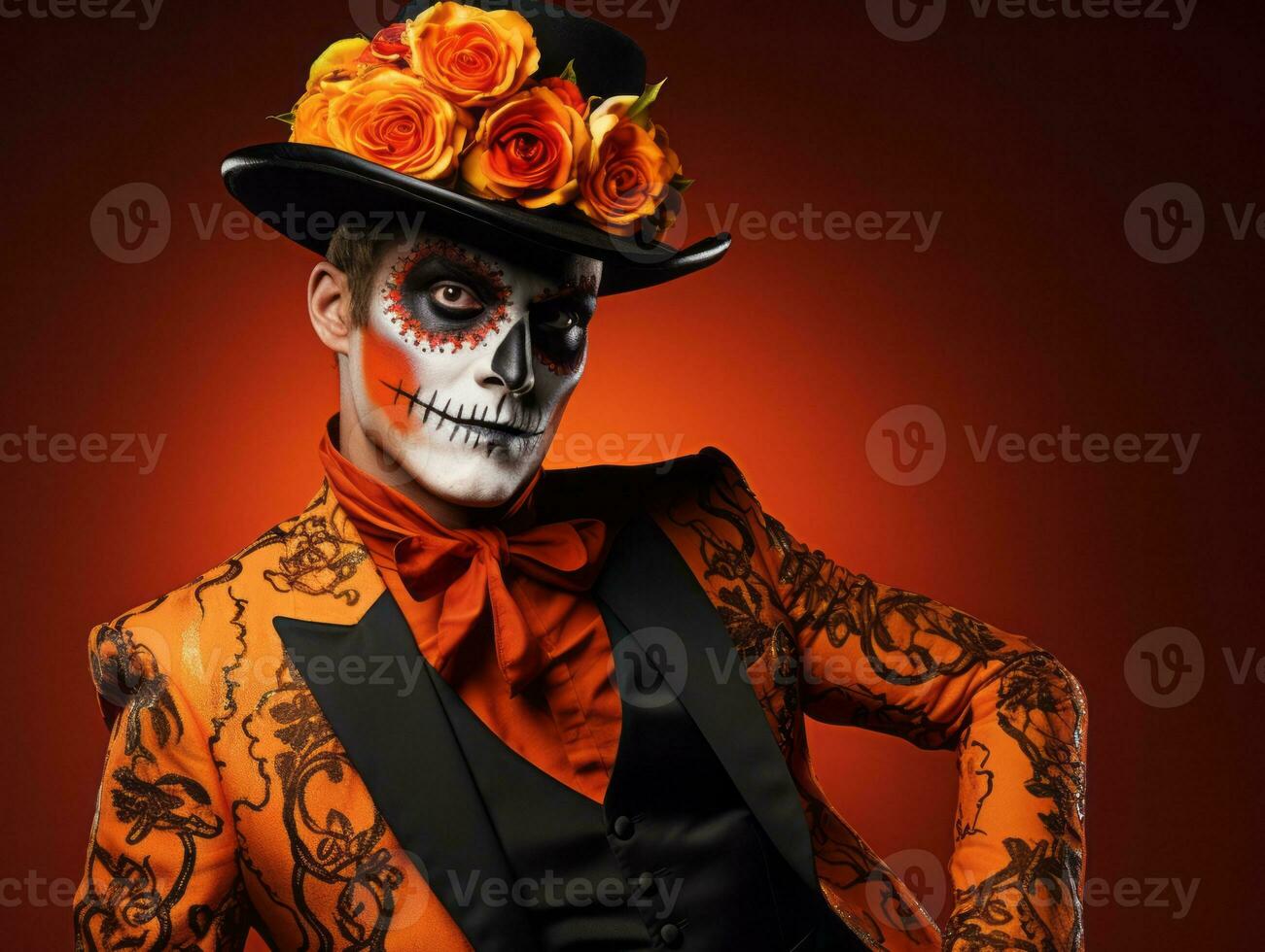 man in Day of the Dead makeup with playful pose AI Generative photo