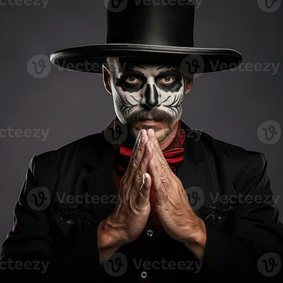 man in Day of the Dead makeup with playful pose AI Generative photo