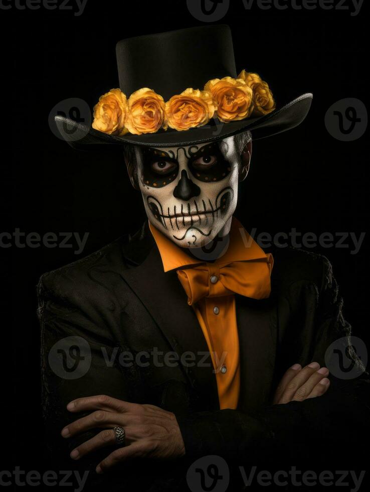 man in Day of the Dead makeup with playful pose AI Generative photo