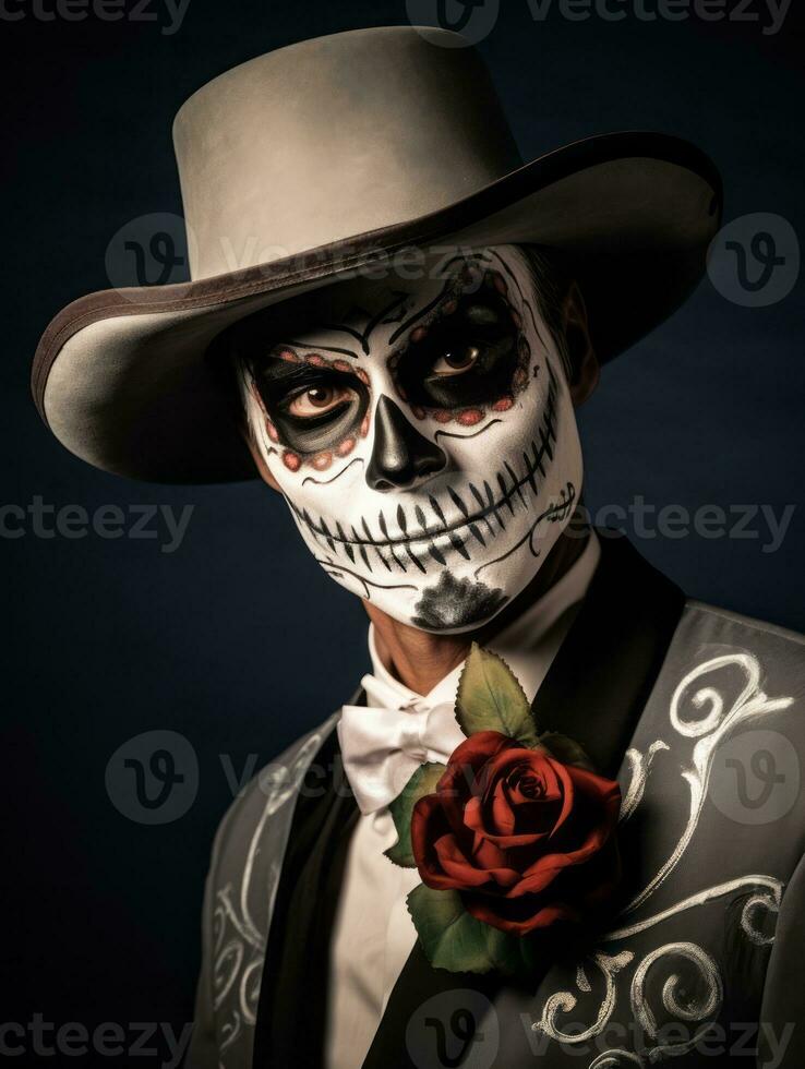 man in Day of the Dead makeup with playful pose AI Generative photo