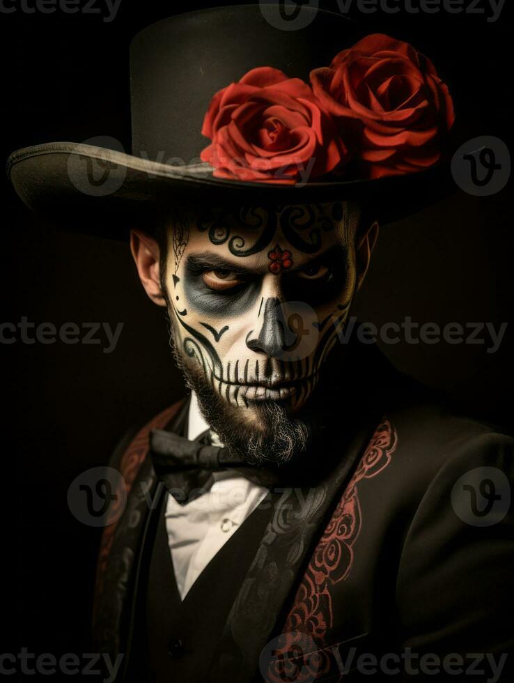 man in Day of the Dead makeup with playful pose AI Generative photo