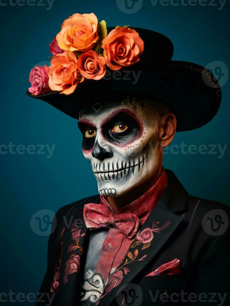 man in Day of the Dead makeup with playful pose AI Generative photo