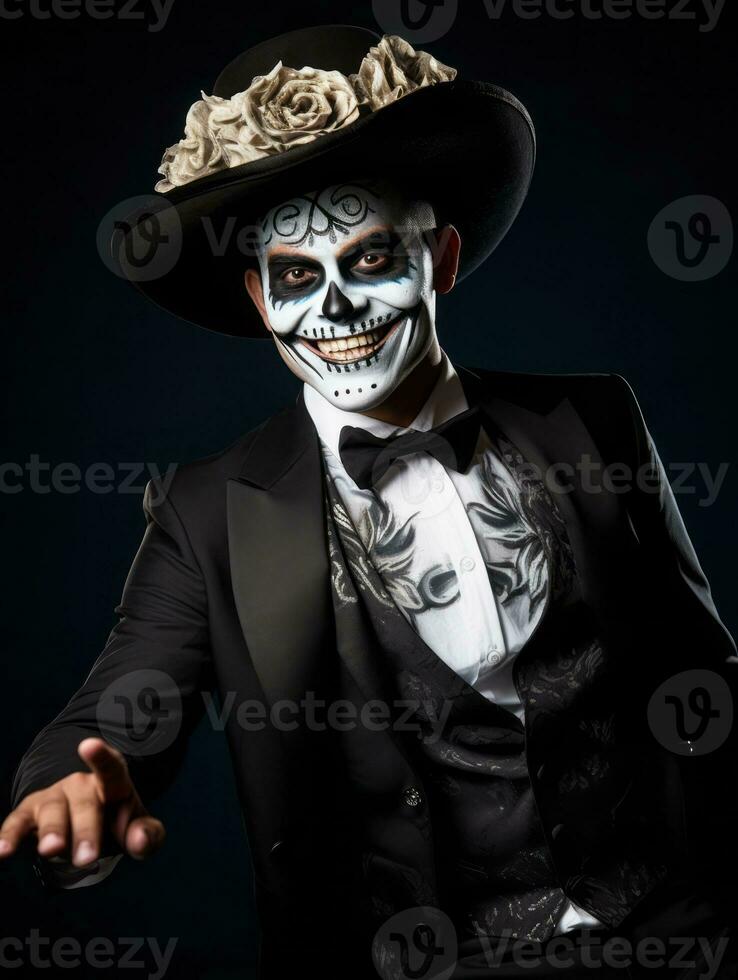 man in Day of the Dead makeup with playful pose AI Generative photo